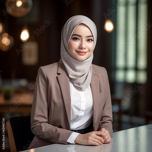 Portrait of successful beautiful executive businesswoman casual wear looking at camera and smile, happy in modern office workplace. Young Asia muslim lady stand relax in contemporary coworking space.
