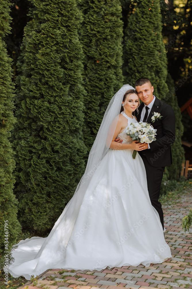 A stylish groom in a black suit and a cute bride in a white dress with a long veil are hugging in a park. Wedding portrait of smiling and happy newlyweds.