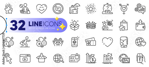 Outline set of Water cooler, Loyalty points and Get box line icons for web with Wallet, Stop shopping, Smile face thin icon. Video content, Heart, Mail pictogram icon. Vector