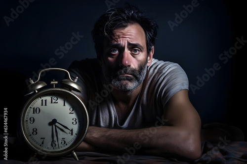 A middle-aged man suffering from insomnia sitting at night with a clock, awake desperate unable to sleep photo