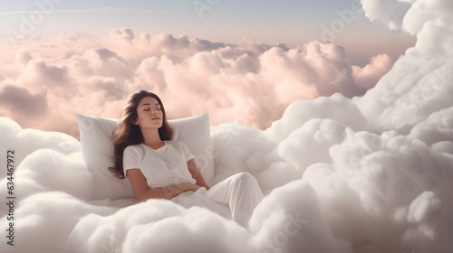 A young woman lying surrounded by fluffy cottony clouds in the sky on a dreamy scene. Tranquility and relaxation concept