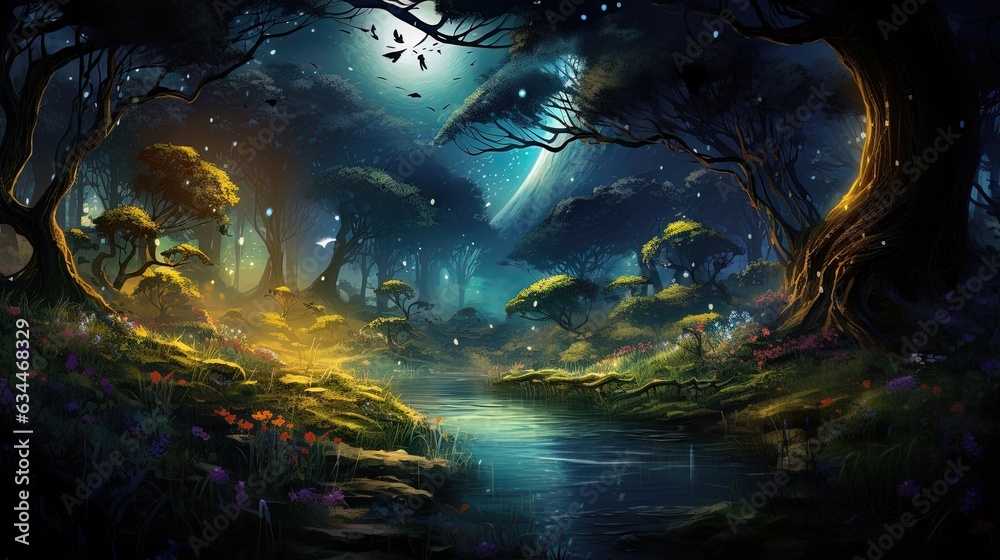 Night fabulous dark forest. AI generation