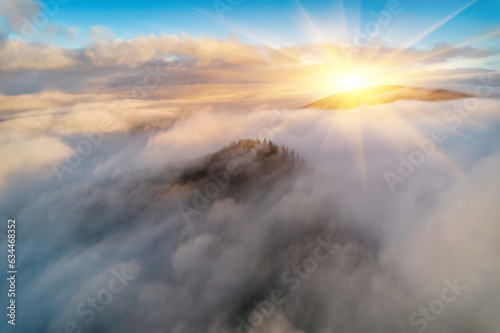 Mountains in clouds at sunrise in summer. Aerial view of mountain peak with green trees in fog. Top view from drone of mountain valley in low clouds © Ryzhkov Oleksandr
