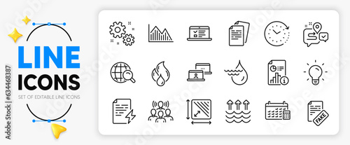 Square area, Fake news and Investment graph line icons set for app include Light bulb, Work, Web lectures outline thin icon. Team work, Internet search, Journey pictogram icon. Vector