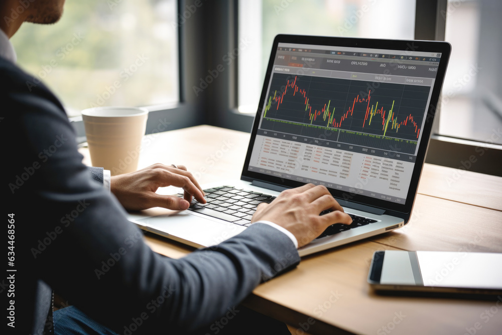A person working on a laptop with a coffee cup and a phone on the table, The laptop screen shows a stock market chart with red and green lines and a table of data below it, keyboard A person working on a laptop with a coffee cup and a phone on the table, The laptop screen shows a stock market chart with red and green lines and a table of data below it, keyboard