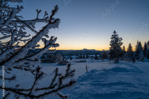 Winter evening at Filipova Hut, view on the Roklany mountains and snowy branches in the foreground