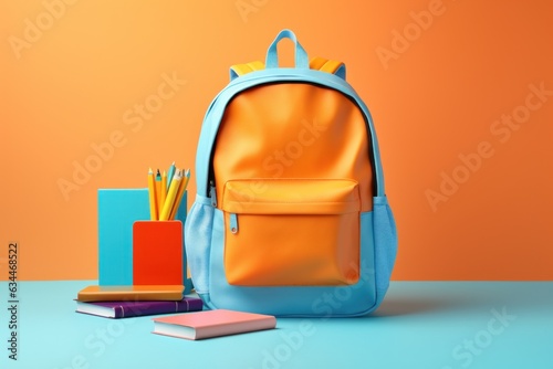 orange blue backpack on an orange and blue background,corandas,notebooks,books,concept back to school photo