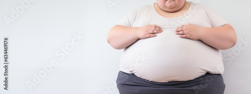 overweight young boy holding his stomach, on white background, obesity concept