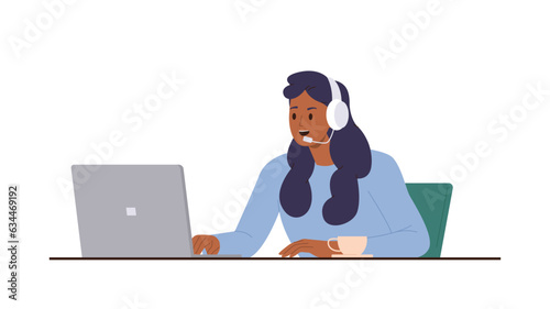Saleswoman character female operator call center working at laptop on desk isolated on white
