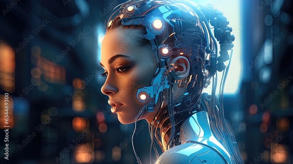 Fototapeta premium Cyborg woman Sci-fi robot neon. AI generation
