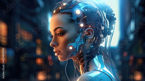 Cyborg woman Sci-fi robot neon. AI generation