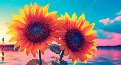 sunflower background with different colors, in the style of sky-blue and pink, photo-realistic landscapes