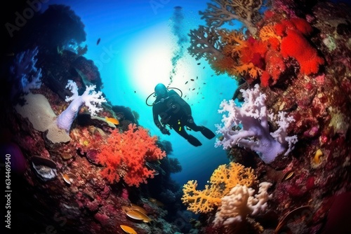 Scuba diver swimming across colorful seascape with coral, fish and sunlight