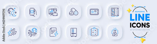 Power certificate, Sleep and Refrigerator line icons for web app. Pack of Consumption growth, Safe box, Open door pictogram icons. International flight, Medical drugs, 3d app signs. Vector