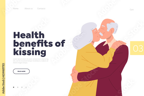 Health benefits of kissing landing page template with old senior man and woman couple hugging design