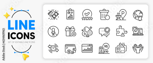 Friends chat, Silicon mineral and Report line icons set for app include Internet notification, Add gift, Card outline thin icon. Grill place, No microphone, Timer pictogram icon. Vector