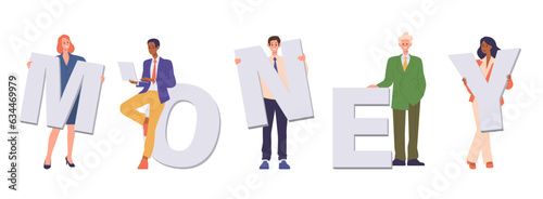 Diverse business people characters holding letters forming money word isolated on white background