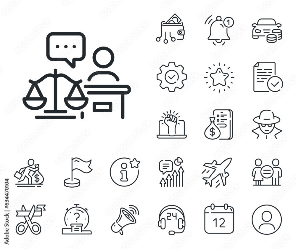 Justice scale sign. Salaryman, gender equality and alert bell outline icons. Court judge line icon. Judgement law symbol. Court judge line sign. Spy or profile placeholder icon. Vector