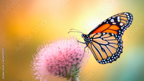 macro Photo of Monarch butterfly on single pastel flower.