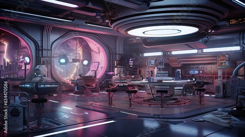 Sci-fi futuristic interior, neon. AI generation © MiaStendal