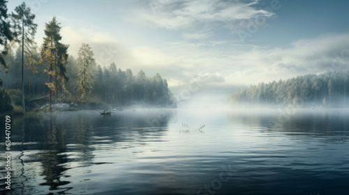Scenic view of misty and foggy lake