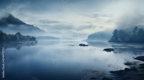 Scenic view of misty and foggy lake