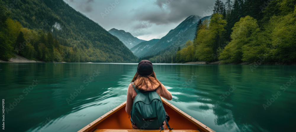 Rear view of woman sitting in a canoe in the middle of a large calm natural lake.