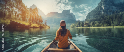 Leinwand Poster Rear view of woman sitting in a canoe in the middle of a large calm natural lake