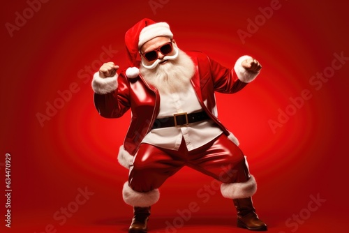 Dancing Hipster Santa Wearing Sunglasses and Leather for Christmas on a Red Background with Space for Copy © JJAVA