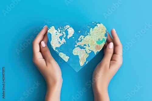 Female hands, painted in the world map, forming heart shape isolated on blue background