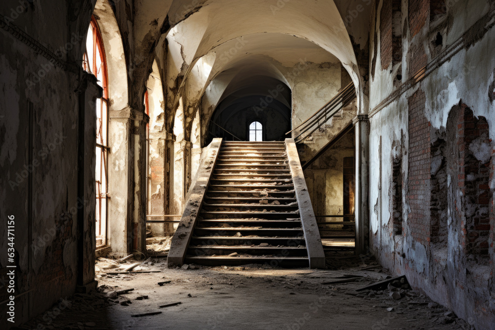An abandoned stairway in a dilapidated building. The stairway is made of concrete and is in a state of disrepair with broken steps and peeling paint