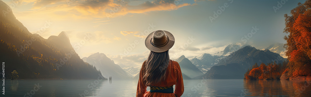 Back view of woman sitting in a canoe in the middle of a large calm natural lake.