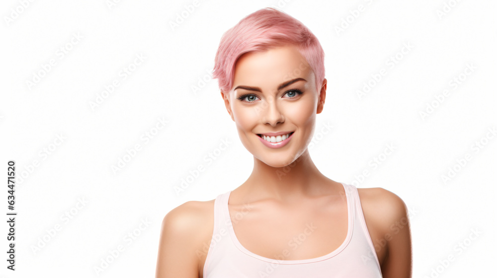 portrait of an attractive female in her 30s with a short pink hair isolated against a white background portrait of an attractive female in her 30s with a short pink hair isolated against a white background