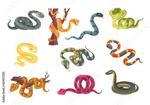 Colorful poisonous snakes. Cartoon suffocating reptiles. Creeping animals. Danger wildlife. Cobra and python. Venomous viper. Terrarium serpents. Predator on branch. Splendid vector set