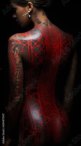 sensual female with stylish red tattoo on body on dark background, studio shot, generative AI