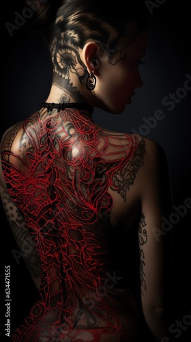 sensual female with stylish red tattoo on body on dark background, studio shot, generative AI © goami