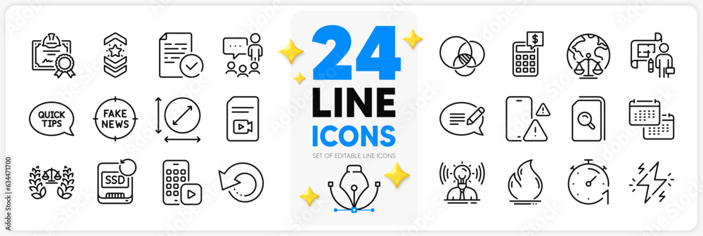 Icons set of Certificate, Justice scales and Compliance line icons pack for app with Magistrates court, Message, Timer thin outline icon. Recovery ssd, Fire energy, Power pictogram. Vector Icons set of Certificate, Justice scales and Compliance line icons pack for app with Magistrates court, Message, Timer thin outline icon. Recovery ssd, Fire energy, Power pictogram. Vector