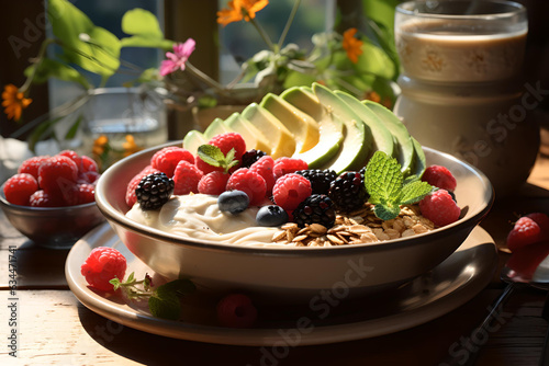 Breakfast, Vegetarian breakfast, Bowl of oatmeal with fresh berries and nuts, Greek Joghurt, Dietary