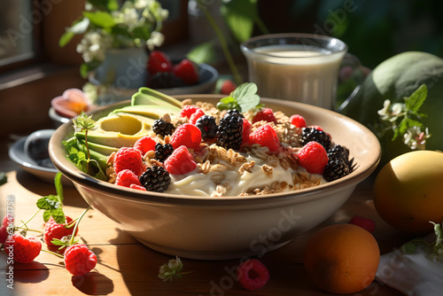 Breakfast, Vegetarian breakfast, Bowl of oatmeal with fresh berries and nuts, Greek Joghurt, Dietary