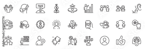 Icons pack as Winner cup, Chat app and Add user line icons for app include People communication, Workflow, Sick man outline thin icon web set. Manager, Social distancing, Headshot pictogram. Vector