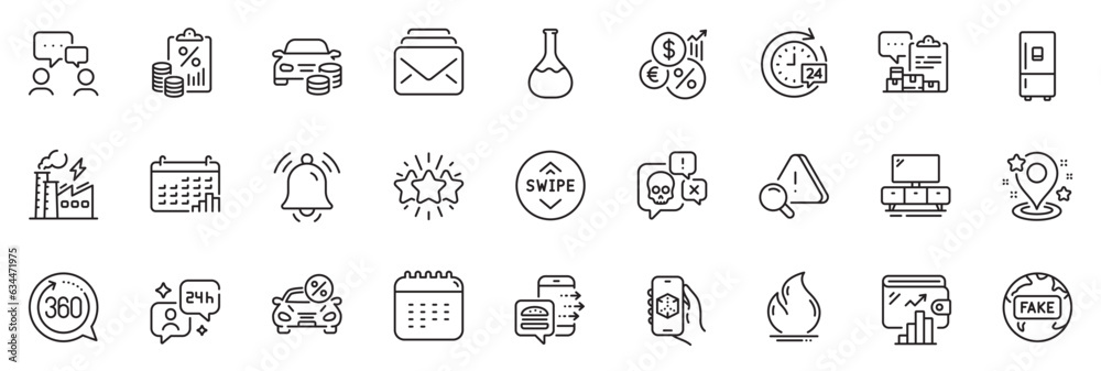 Icons pack as Calendar, 24h delivery and Inventory report line icons for app include Inflation, Chemistry lab, Attention outline thin icon web set. Car leasing, Fire energy. Vector