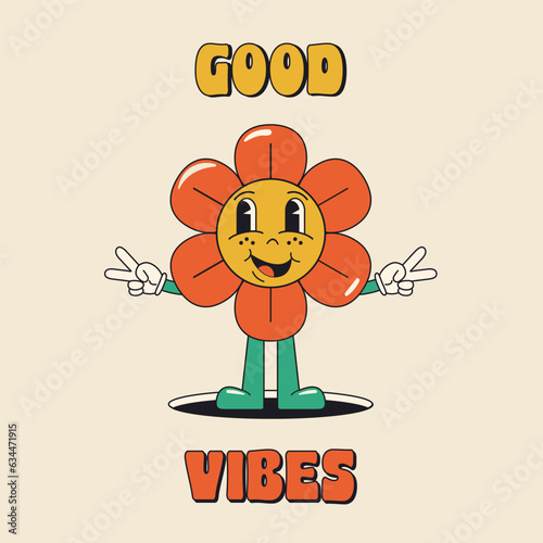 70s groovy square poster. Retro print with hippie fun flower. Good Vibes 