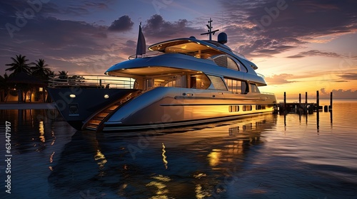 Luxury yacht, evening neon sunset, backlight. AI generation