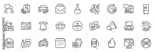 Icons pack as Calendar  24h delivery and Inventory report line icons for app include Inflation  Chemistry lab  Attention outline thin icon web set. Car leasing  Fire energy. Vector