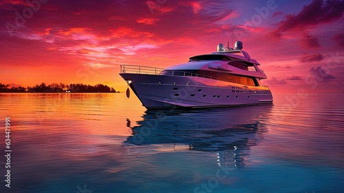 Luxury yacht, evening neon sunset, backlight. AI generation