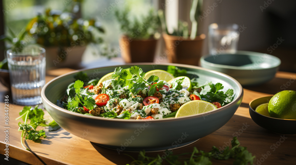 bowl with quinoa , lemon and herbs as well as sour creme bowl with quinoa , lemon and herbs as well as sour creme
