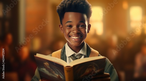 Schoolboy, high school student of African descent, reading a book, smiling, Generative AI