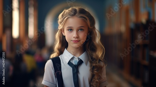 Beautiful schoolgirl in uniform smiling, close-up, Generative AI photo