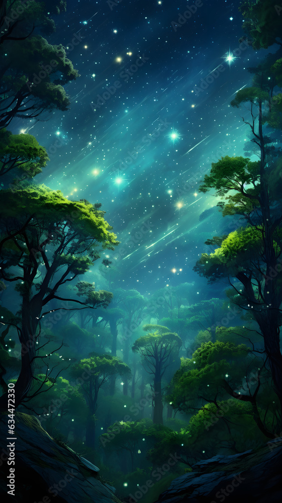 Jungle rainforest landscape full of star light rays and glowing stars hd phone wallpaper, ai generated