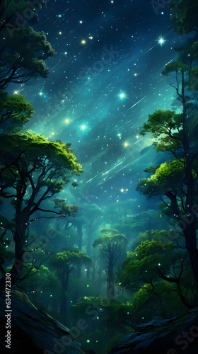 Jungle rainforest landscape full of star light rays and glowing stars hd phone wallpaper  ai generated